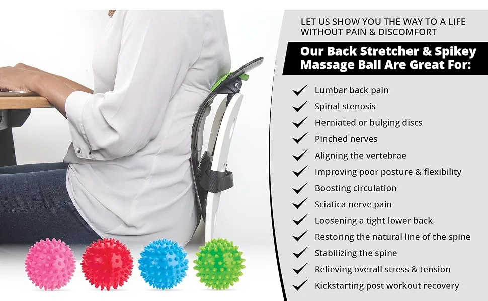 Back Cracking Device Stretcher for Lower Back Pain Relief, Back Cracker Board, Chiro Board - Back Stretching Device with Spiky Massage Ball, Inflatable Neck Pillow, Chair Straps & Carrying Bag – Red - Premium Back Stretcher Bundle