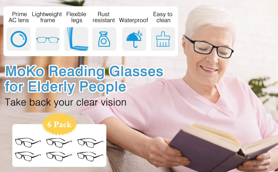 MoKo 6-Pack Reading Glasses Blue Light Blocking, Plastic Full Frame Spring Hinge Readers Lightweight Eyeglasses for Men Women (Black, 1.75) +1.75 - product information 6