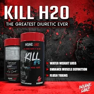 Insane Labz Kill H20, AMPiberry Infused Diuretic, Reduce Water Retention and Bloating Relief with Dandelion Root and Green Tea Extract, 20 Servings - insane labz, diuretic, fat burner, supplements, water weight loss, pre workout