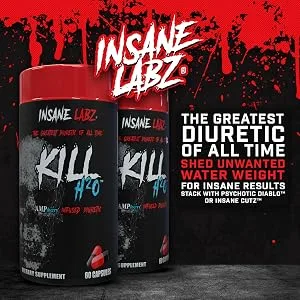 Insane Labz Kill H20, AMPiberry Infused Diuretic, Reduce Water Retention and Bloating Relief with Dandelion Root and Green Tea Extract, 20 Servings - insane labz, diuretic, fat burner, supplements, water weight loss, pre workout