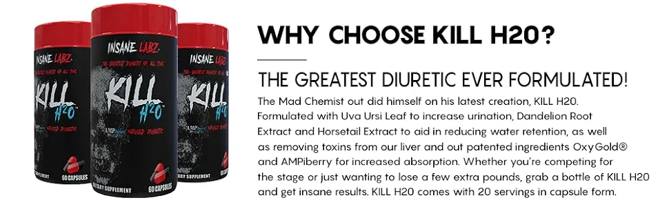 Insane Labz Kill H20, AMPiberry Infused Diuretic, Reduce Water Retention and Bloating Relief with Dandelion Root and Green Tea Extract, 20 Servings - insane labz, diuretic, fat burner, supplements, water weight loss, pre workout