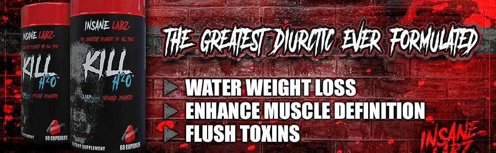 Insane Labz Kill H20, AMPiberry Infused Diuretic, Reduce Water Retention and Bloating Relief with Dandelion Root and Green Tea Extract, 20 Servings - insane labz, diuretic, fat burner, supplements, water weight loss, pre workout