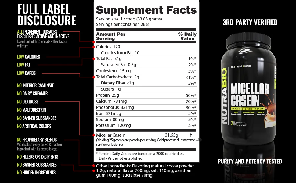 NutraBio Micellar Casein - Protein Powder, 2 lbs Alpine Vanilla - Slow Digesting - Muscle Growth - Essential Amino Acids - Non-GMO - Gluten & Soy Free - full label disclosure
