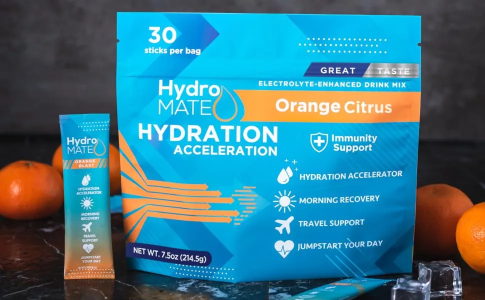 HydroMATE Electrolyte Powder Drink Mix Packets Hydration Accelerator Low Sugar Single Hangover Party Recovery Vitamin C Orange 30 Sticks 30 Count (Pack of 1) - PEACH EBC3