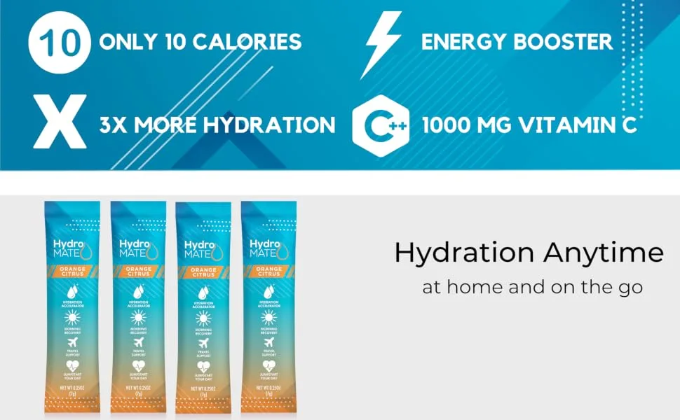 HydroMATE Electrolyte Powder Drink Mix Packets Hydration Accelerator Low Sugar Single Hangover Party Recovery Vitamin C Orange 30 Sticks 30 Count (Pack of 1) - PeachEBC