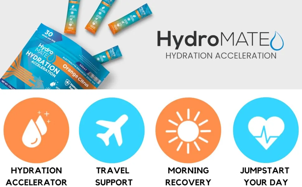 HydroMATE Electrolyte Powder Drink Mix Packets Hydration Accelerator Low Sugar Single Hangover Party Recovery Vitamin C Orange 30 Sticks 30 Count (Pack of 1) - PeachEBC1