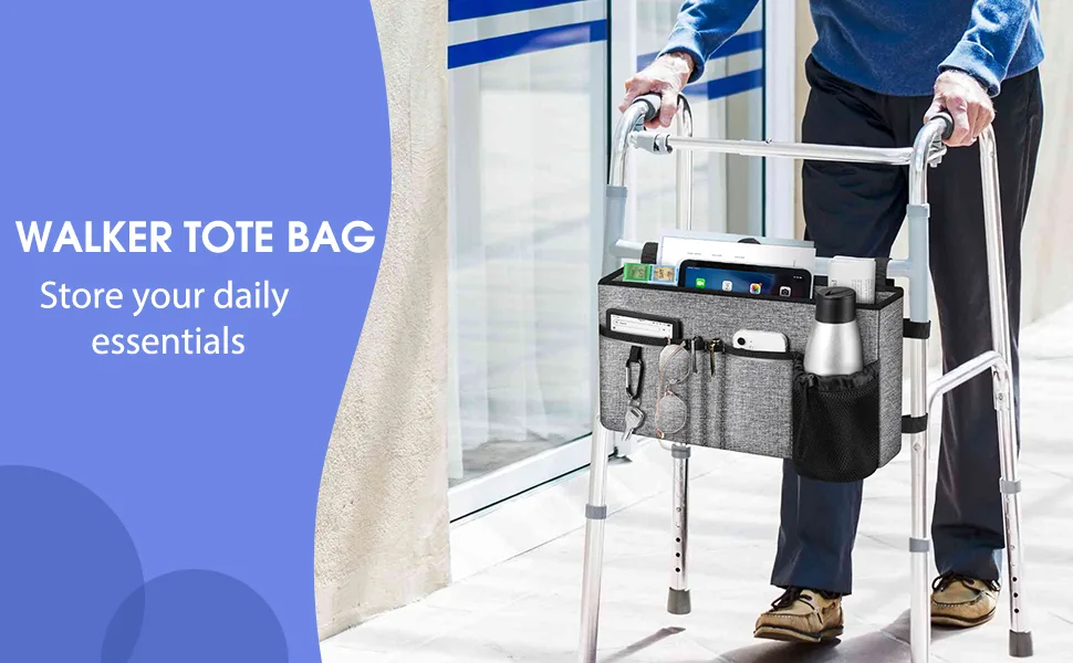 FINPAC Large Walker Tote Bag with Cup Holder, Folding Walker Attachment Hands-Free Storage Basket Mobility Aid Accessory Pouch for Elderly, Senior, Gray *Gray - walker tote bag