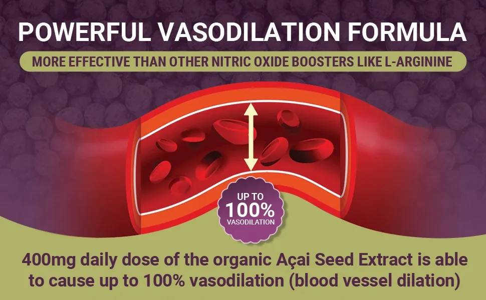 New Patented Nitric Oxide Supplement -Increase Blood Flow & Circulation- Organic Acai Seed Extract -100% Vasodilation, Support Circulation- 50 X Antioxidants- 60 Capsules - 100% vasodilation