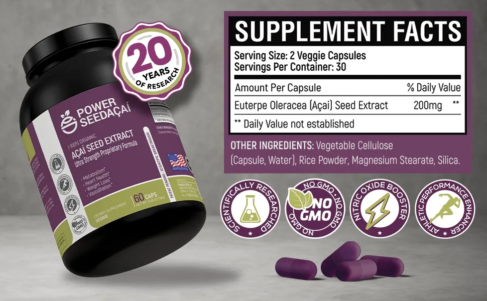 New Patented Nitric Oxide Supplement -Increase Blood Flow & Circulation- Organic Acai Seed Extract -100% Vasodilation, Support Circulation- 50 X Antioxidants- 60 Capsules - nitric oxide booster