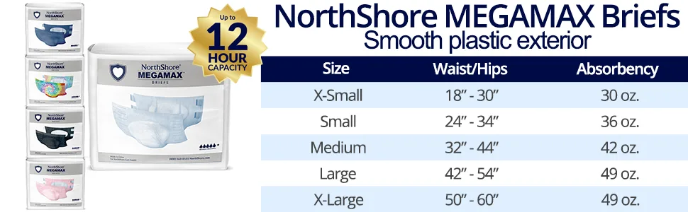 NorthShore MegaMax Tab-Style Briefs for Men and Women, Pink, Large, Pack/10 Pink Large (10 Count) - MegaMax, Size Chart