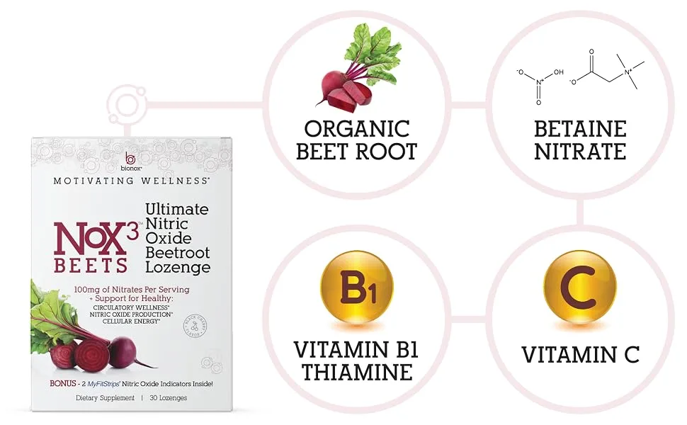 Bionox Nox3 Organic Beetroot with Nitric Oxide Test Strips, Blood Pressure Support, Delicious Dark Cherry Flavor, Beet Superfood, 30 Days - Nox3 Beets Ingredients - Organic Beet Root, Betaine Nitrate, Vitamin B1, Vitamin C