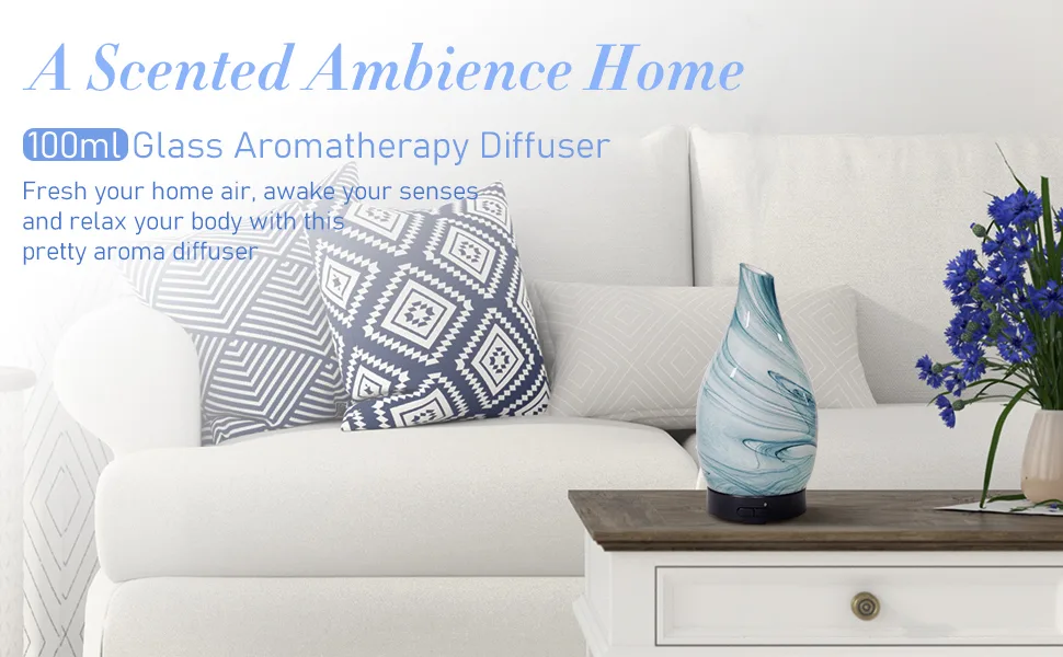 Glass Essential Oil Diffuser Ultrasonic Aromatherapy Diffuser Electric Aroma Cool Mist Diffuser Humidifier with 7 LED Light 2 Mist Mode for Home Office Yoga SPA - Blue Ink 100ML Blue Ink-100ml - product information 6