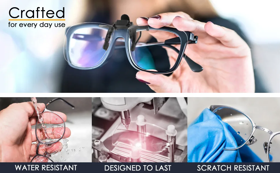 Blue Light Clip on Computer Glasses Video Gaming Glasses Easy Fit Digital Eyestrain Fatique Dry Eyes Relief Eye Protection (1 Pack) - Person wearing Glasses with blue light clip on frame professional work casual computer gaming sleek