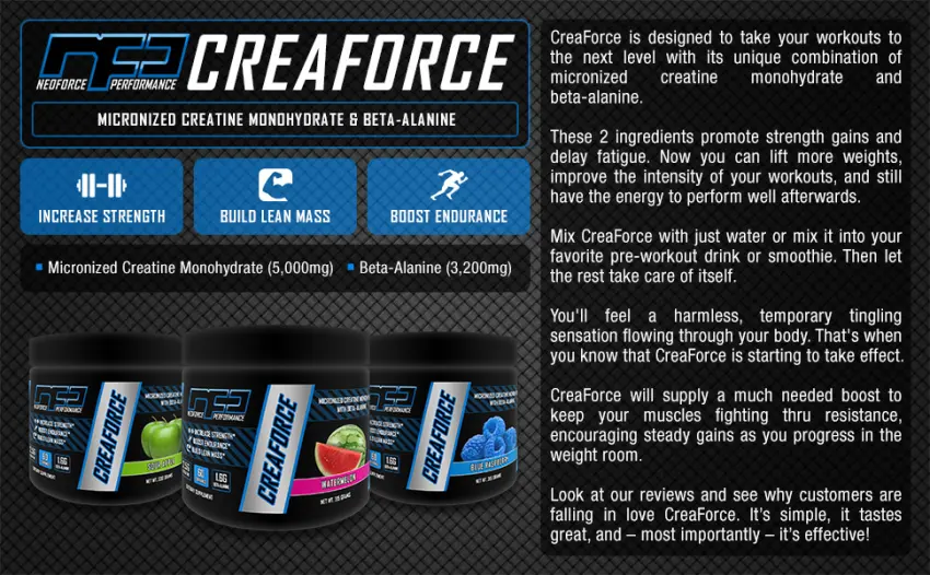 CREAFORCE Creatine and Beta-Alanine - Unflavored, 60 Servings 8.99 Ounce (Pack of 1) Unflavored - neoforce performance creaforce banner