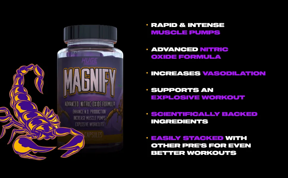Huge Supplements, Magnify Nitric Oxide Supplement, Advanced N.O. Booster, Scientifically Based Ingredients for Intense Muscle Pumps, Increase Vasodilation & Explosive Workouts (180 Capsules) - Huge Supplements Magnify