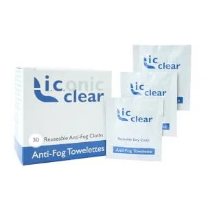 Iconic Clear Premium Reusable Antifog Wipes 30ct Box 150 uses - box with 3 wipes