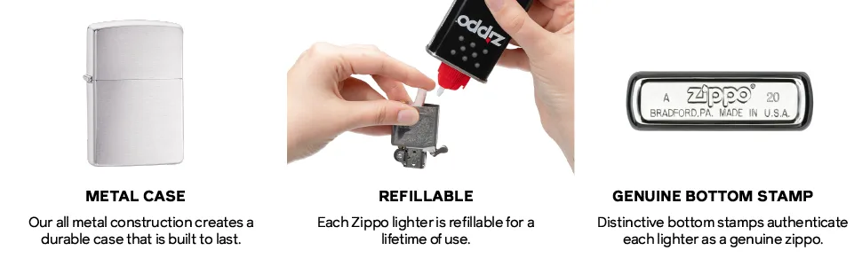 Zippo Chrome Lighters Brushed Chrome Classic - metal case, all metal construction, lifetime use, genuine zippo bottom stamp, silver lighter,
