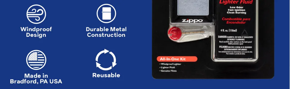 Zippo All-in-One Kit Windproof Lighter Kit Silver - zippo, zippo lighter, all in one kit, all in one, windproof, durable, reusable, metal, made in usa