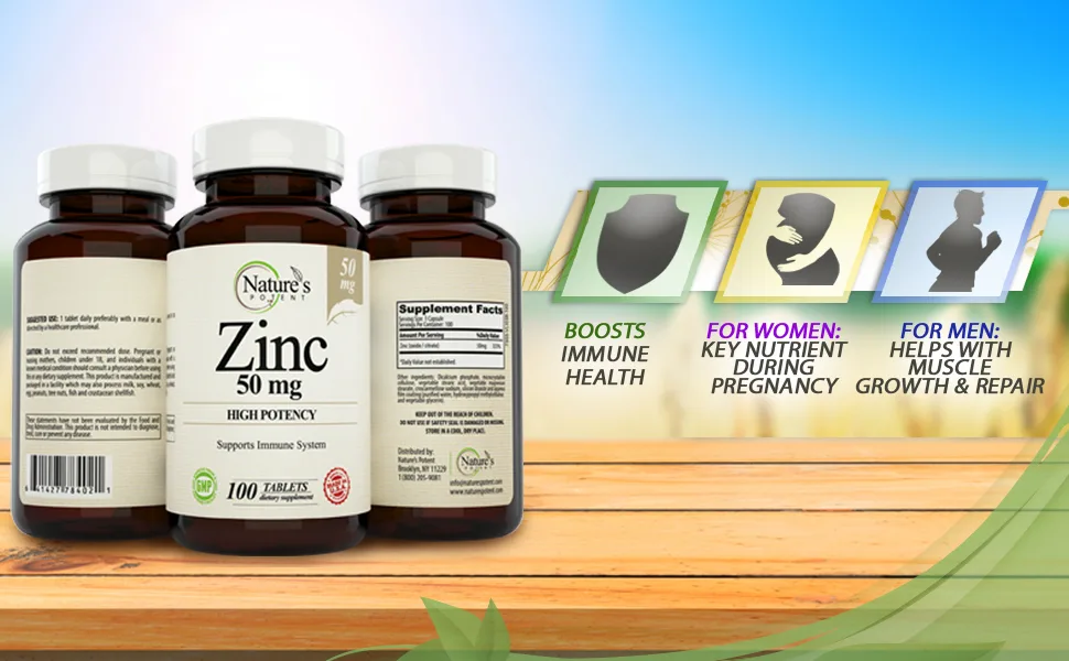 Zinc 50mg High Potency Supplement - Immune Support System from Natural Zinc (OxideCitrate) 100 Tablets Made by Natures Potent. - Nature
