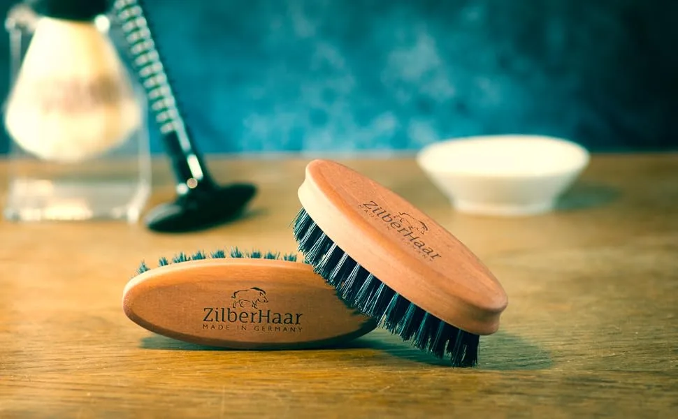 ZilberHaar Pocket Mustache and Beard Brush - Stiff Boar Bristles Small Brush - Perfect Beard Grooming Tool - Relieves beard itch - Short and Medium - Made In Germany - stiff beard brush pocket hero