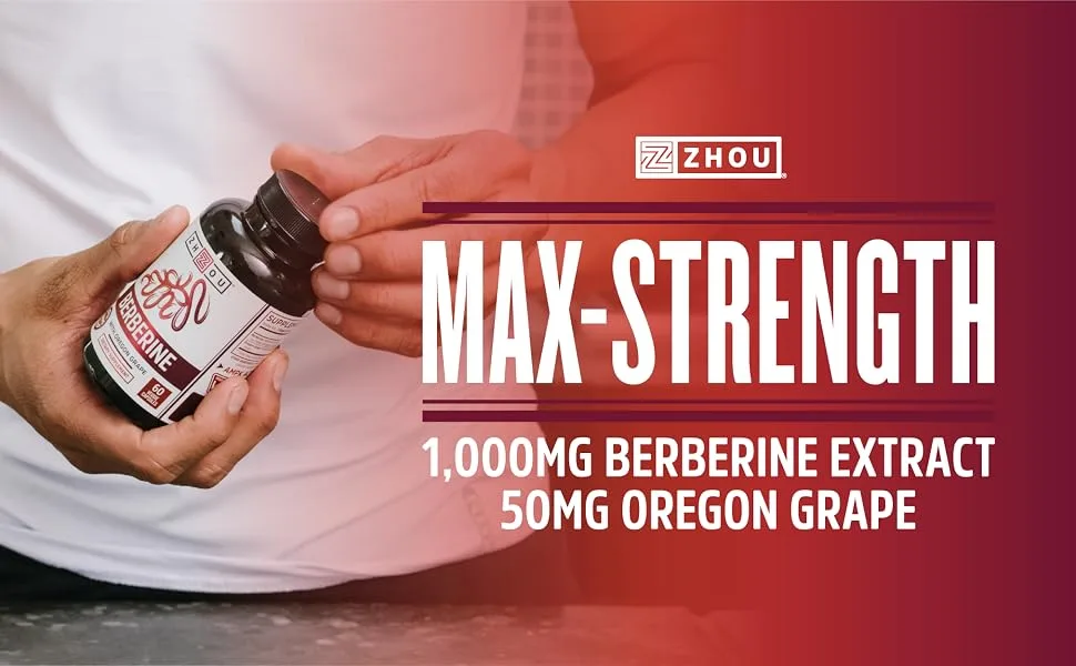 Zhou Nutrition Berberine with Oregon Grape for Healthy Fat Metabolism  Ketone Synthesis 60Count - Max Strength 1000mg Berberine Extract 50mg Oregon Grape