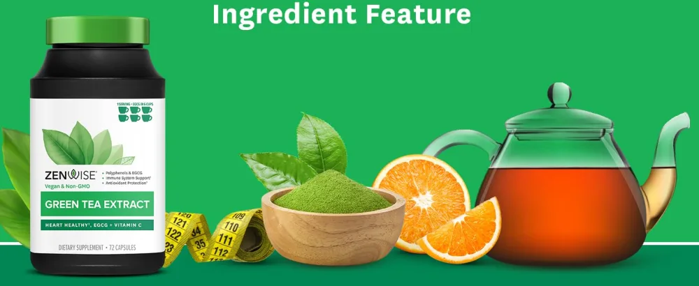 Zenwise Green Tea Extract with EGCG  Vitamin C - Antioxidant  Immune Supplement - Vegan Skin  Heart Support  Brain Health  Memory Boost - 120 Count - Ingredient Feature