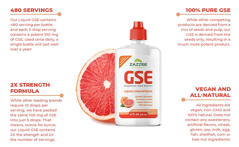Zazzee Grapefruit Seed Extract (GSE) 4 Ounces  2X Potency  Maximum Strength  High Absorption  480 Servings  100 mg per Serving  Vegan Liquid Concentrate Non-GMO and All-Natural - 480 Servings, 2X strength formula, 100% Pure, Vegan and All-Natural