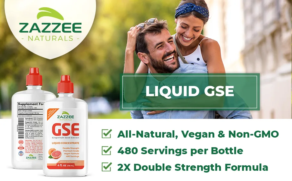 Zazzee Grapefruit Seed Extract (GSE) 4 Ounces  2X Potency  Maximum Strength  High Absorption  480 Servings  100 mg per Serving  Vegan Liquid Concentrate Non-GMO and All-Natural - Liquid GSE 480 Servings per bottle, 2x Double Strength Formula All-Natural Vegan and Non-GMO
