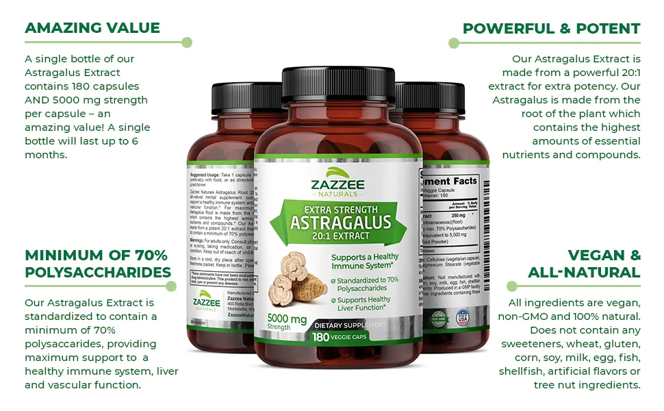 Zazzee Extra Strength Astragalus Root 20:1 Extract 5000 mg Strength 180 Vegan Capsules 70 Polysaccharides 6 Month Supply Non-GMO and All-Natural - Amazing Value, Minimum of 70% Polysaccharides, Powerful & Potent, Vegan & All-Natural