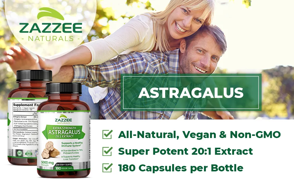 Zazzee Extra Strength Astragalus Root 20:1 Extract 5000 mg Strength 180 Vegan Capsules 70 Polysaccharides 6 Month Supply Non-GMO and All-Natural - Zazzee Astragalus, Super Potent 20:1 Extract, 180 Capsules per Bottle, All-Natural, Vegan, Non-GMO