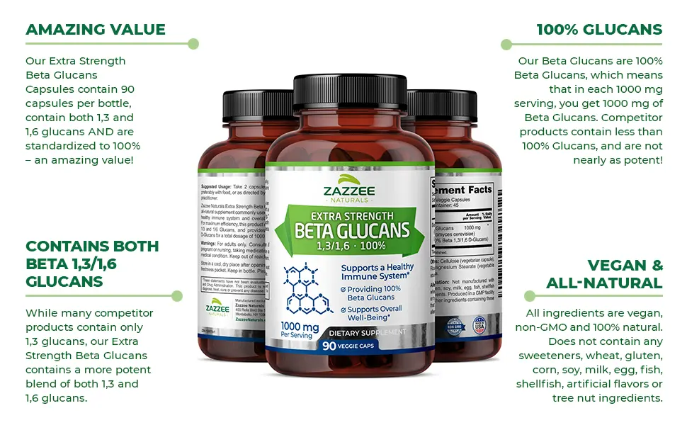 Zazzee Extra Strength 1316 Beta Glucans 1000 mg 100 Glucan Content 90 Vegan Capsules Supports a Healthy Immune System Non-GMO and All-Natural - Amazing Value, Contains Both Beta 1,3/1,6 Glucans, 100% Glucans, Vegan & All-Natural
