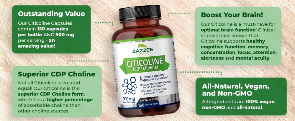 Zazzee Citicoline CDP Choline 500 mg - 100 Capsules  - citicoline capsules cdp choline brain function zazzee mental memory focus concentration citicholine