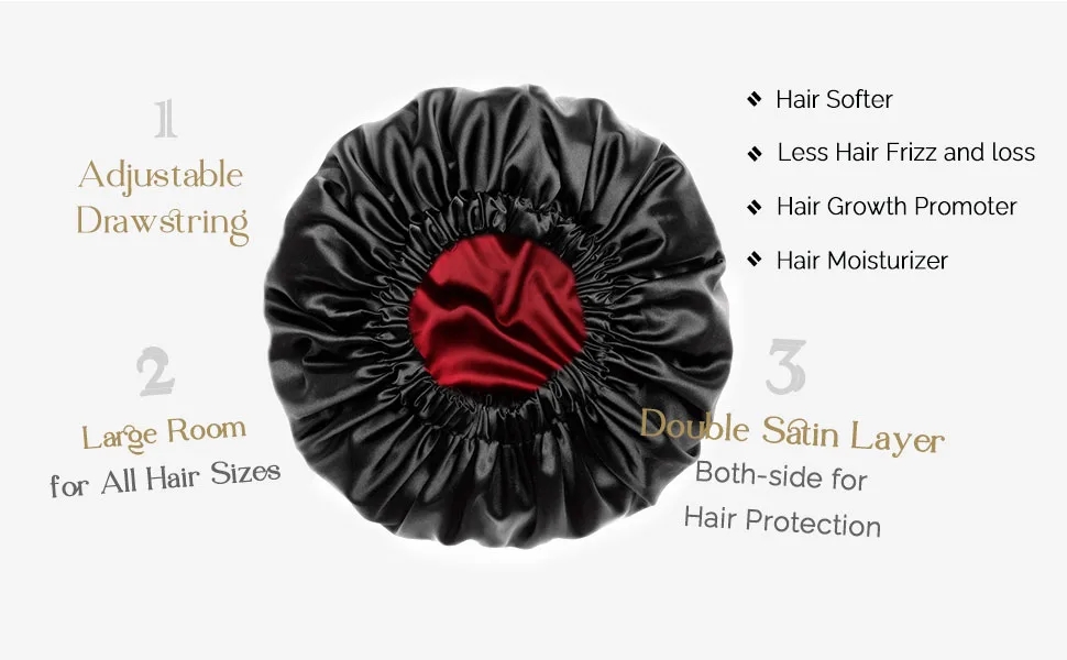 YANIBEST Satin Bonnet Sleep Bonnet Cap - Extra Large Double Layer Reversible Adjustable Satin Cap for Sleeping Hair Bonnet (Large Black) Large 02-black - yanibest satin bonnet