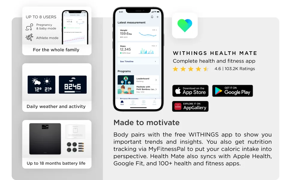 Withings Body Smart Weight  BMI Wi-Fi Digital Scale with smartphone app Black - Apple Android App Compatible Health Mate