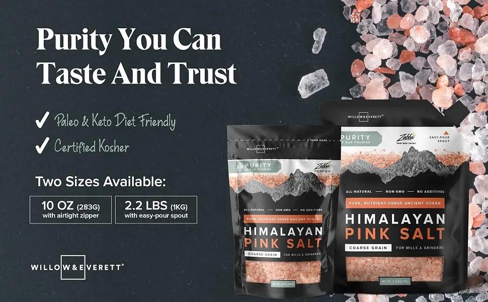 Willow  Everett Himalayan Pink Salt  Coarse Grain for Grinder Refill 2.2lb  1kg  Easy Pour Spout Non-GMO  Kosher Rock Salt for Cooking 2.2 Pound (Pack of 1) - Purity You Can Taste And Trust