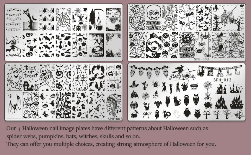 Whaline 4 Pieces Halloween Nail Art Plates Image Stamp Templates Stamping Kit DIY Print Manicure Salon Design - product information 33