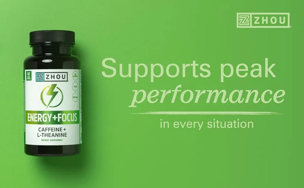 Zhou Energy  Focus  Caffeine with L-Theanine  Focused Energy for Your Mind  Body  1 Nootropic Stack for Cognitive Performance  60 VegCaps - support peak performance