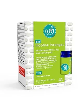 Wellness Basics - Mini Nicotine Lozenge (2mg - 135 Count) Stop Smoking Aid - Reduces Withdrawal Symptoms - Mint Flavor (Pack of 1) - Wellness Basics Mini Nicotine Lozenge Package