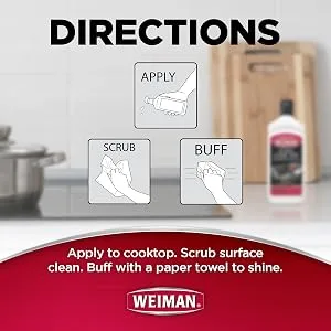 Weiman Non-Abrasive No Scratch Induction Glass Ceramic Stove Cooktop Heavy Duty Cleaner and Polish 20 Ounce - directions for use
