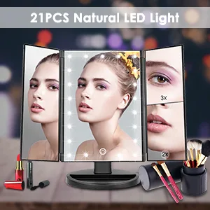 WEILY Makeup Mirror with 21 LED LightsTwo Power Supply Touch Screen and 1x2x3x Magnification Tri-Fold Vanity Mirror  Gift for Women (Black) - 21 PCS Natural Led Lights