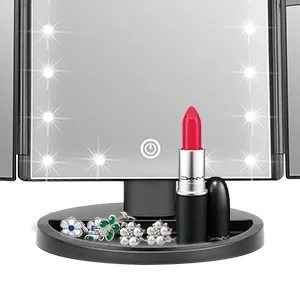 WEILY Makeup Mirror with 21 LED LightsTwo Power Supply Touch Screen and 1x2x3x Magnification Tri-Fold Vanity Mirror  Gift for Women (Black) - Bottom Tray Storage