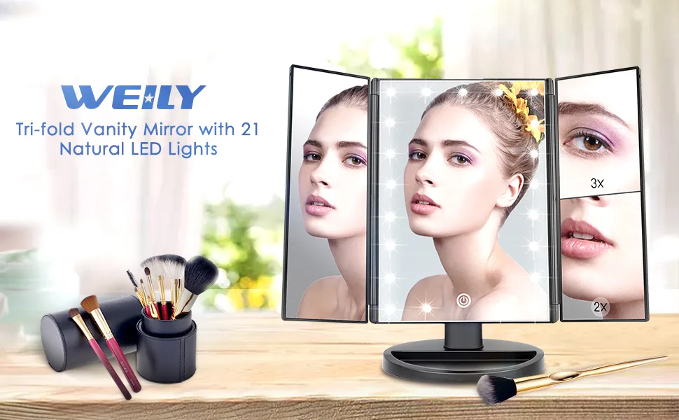 WEILY Makeup Mirror with 21 LED LightsTwo Power Supply Touch Screen and 1x2x3x Magnification Tri-Fold Vanity Mirror  Gift for Women (Black) - product information 1