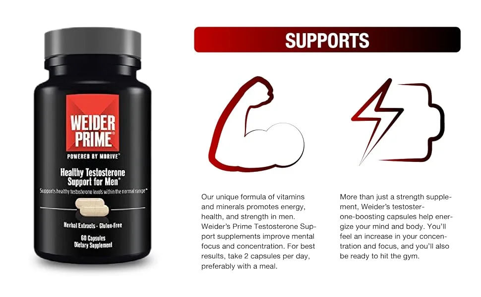 Weider Prime Testosterone Supplement for Men Healthy Testosterone Support to Help Boost Strength and Build Lean Muscle 120 Capsules 120 Count (Pack of 1) - Bottle of Weider Prime Testosterone Support