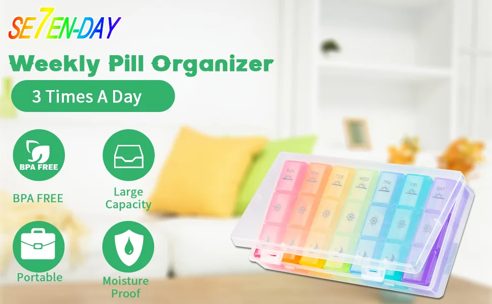 Weekly Pill Organizer3-Times-A-Day 7 Day Pill Box Large Compartments Moisture-Proof Pill Case Medication Reminder Portable Travel Container for Vitamins Fish Oil Compartments Supplements - WEEKLY PILL ORGANIZER