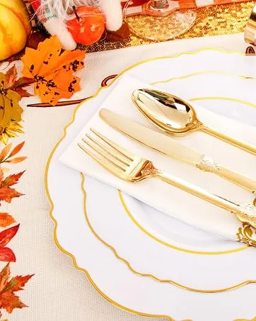 WDF300 Pieces Gold Plastic Silverware - Disposable Flatware Set - Gold Plastic Cutlery - Thanksgiving Silverware Includes 100 Forks 100 Spoons 100 Knives -WDF - Thanksgiving Plates