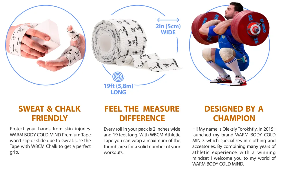 WARM BODY COLD MIND 2 Premium Lifting Thumb Tape for Weightlifting Powerlifting  Strength Deadlift Training for Crossfit Hook Grip Tearable Cotton Sweat Proof MIX - 3 Rolls - torokhtiy