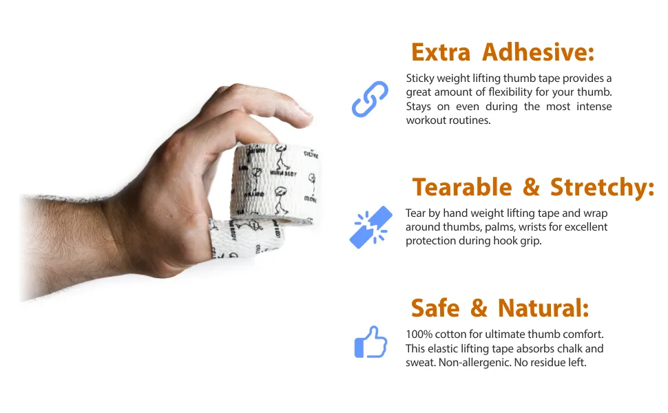 WARM BODY COLD MIND 2 Premium Lifting Thumb Tape for Weightlifting Powerlifting  Strength Deadlift Training for Crossfit Hook Grip Tearable Cotton Sweat Proof MIX - 3 Rolls - wbcm