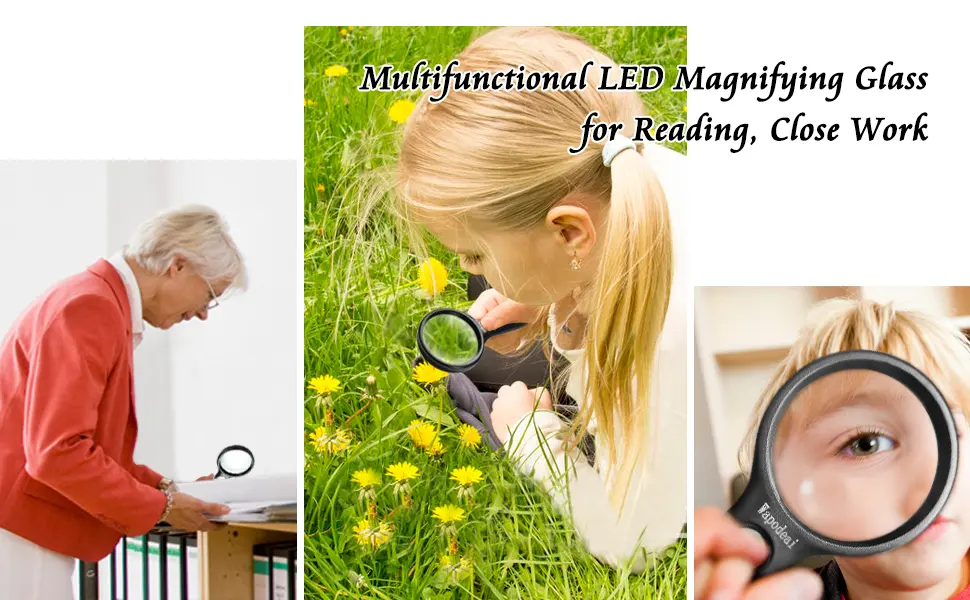 Wapodeai Magnifying Glass with Light 3X 45X High Magnification LED Handheld Lighted Magnifier Suitable for Reading Jewellery Crafts Lnspection Science (Black) - 3X and 45X magnification