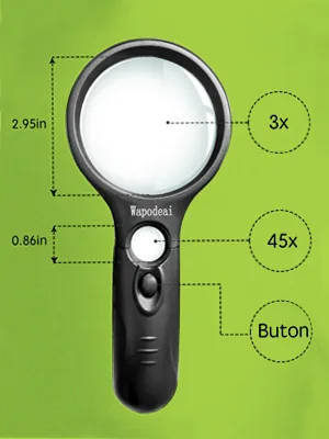 Wapodeai Magnifying Glass with Light 3X 45X High Magnification LED Handheld Lighted Magnifier Suitable for Reading Jewellery Crafts Lnspection Science (Black) - 3X and 45X magnification