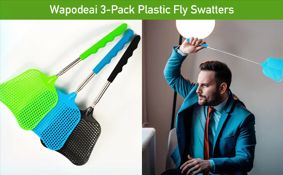 Wapodeai 3 pcs Fly Swatter Fly Swatter PlasticTelescopic Fly Swatters Large Bug Swatter That Work for Indoor and Outdoor. (Black Blue Green) - Fly Swatter